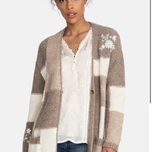 Johnny Was Hand Embroidered PATCHWORK CARDIGAN Knitted Tan White Large
